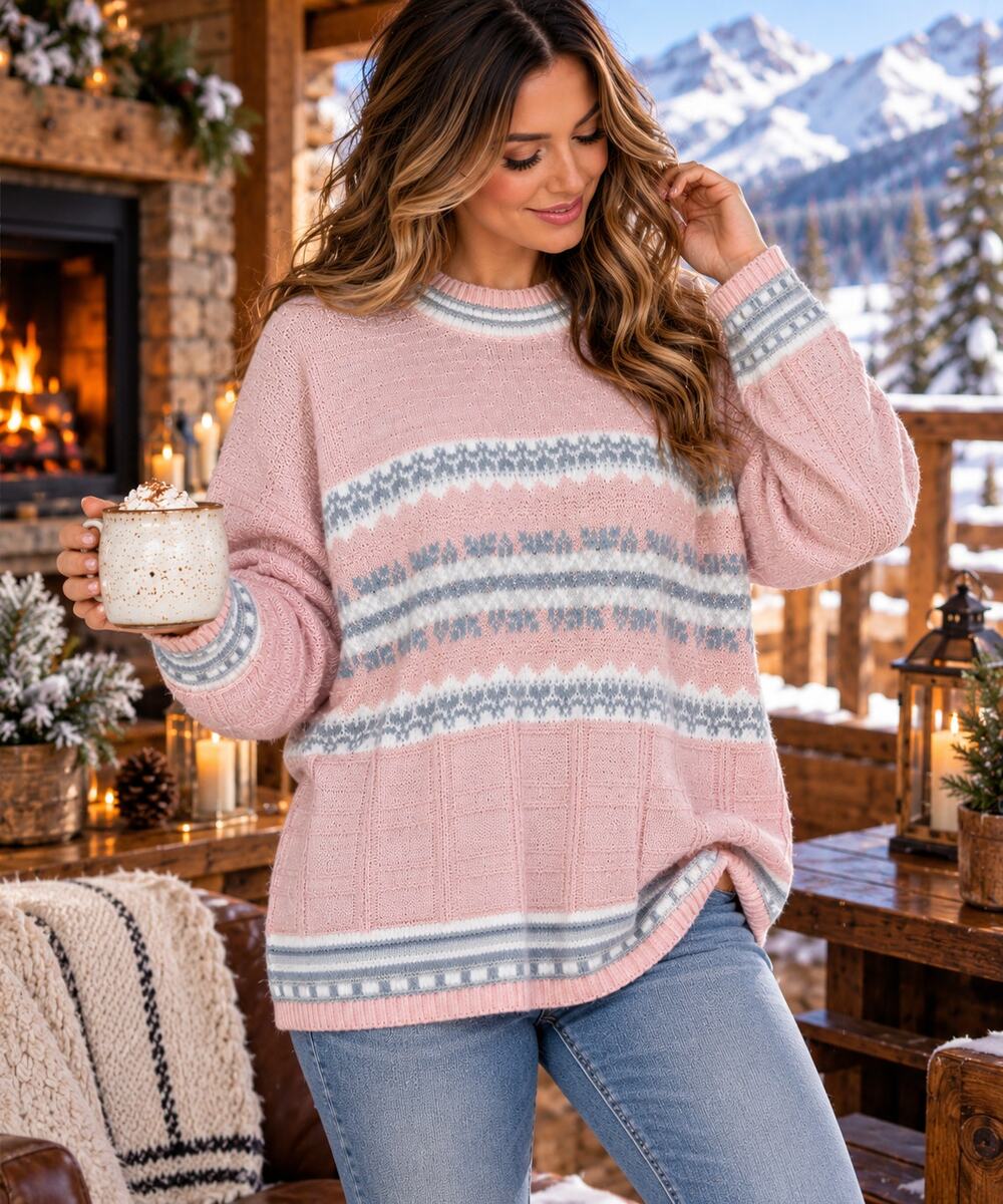 Vintage Basic Editions Pink Fair Isle Sweater L Nordic Cozy